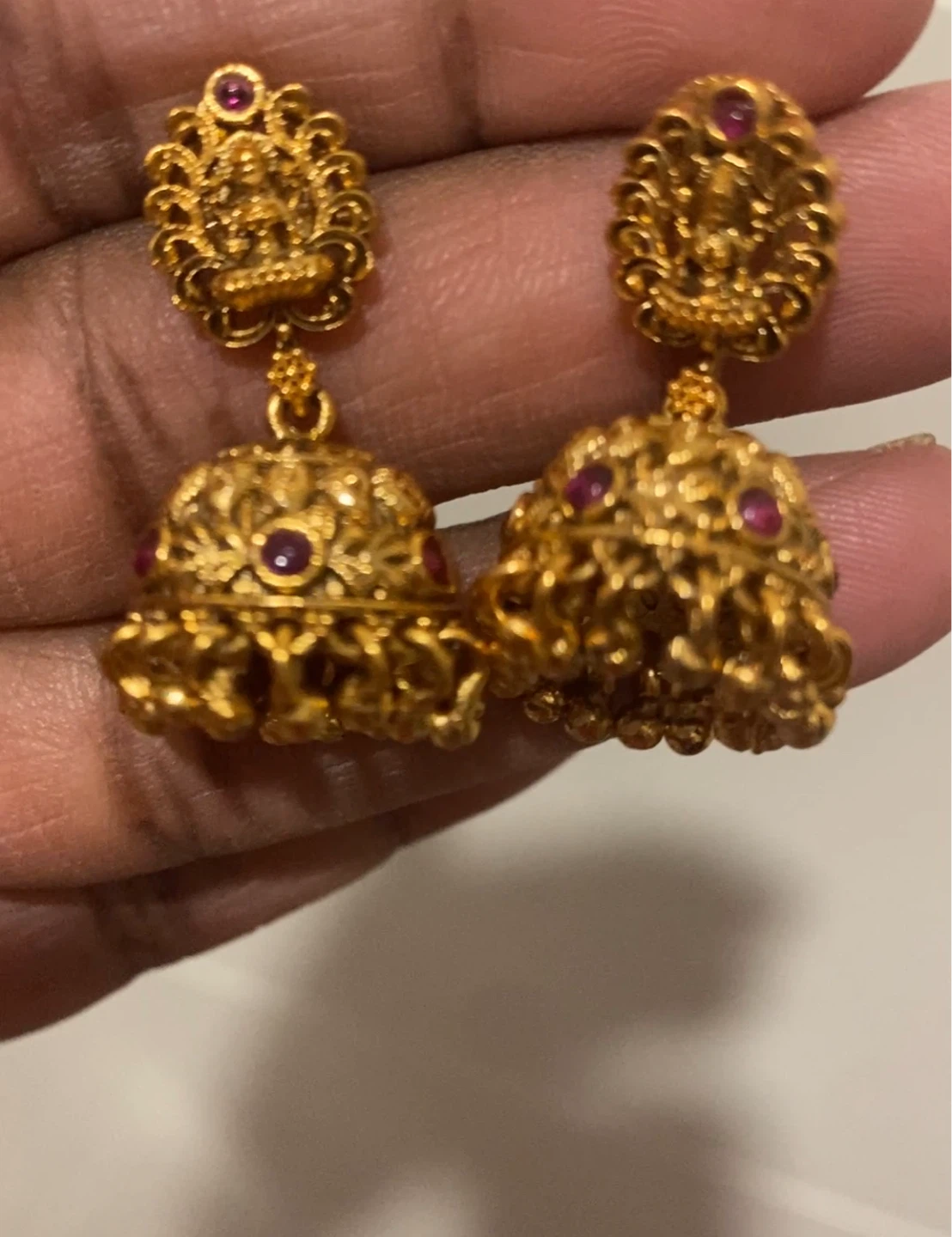 Gold Jhumka Earrings with Red Stones - photo 2