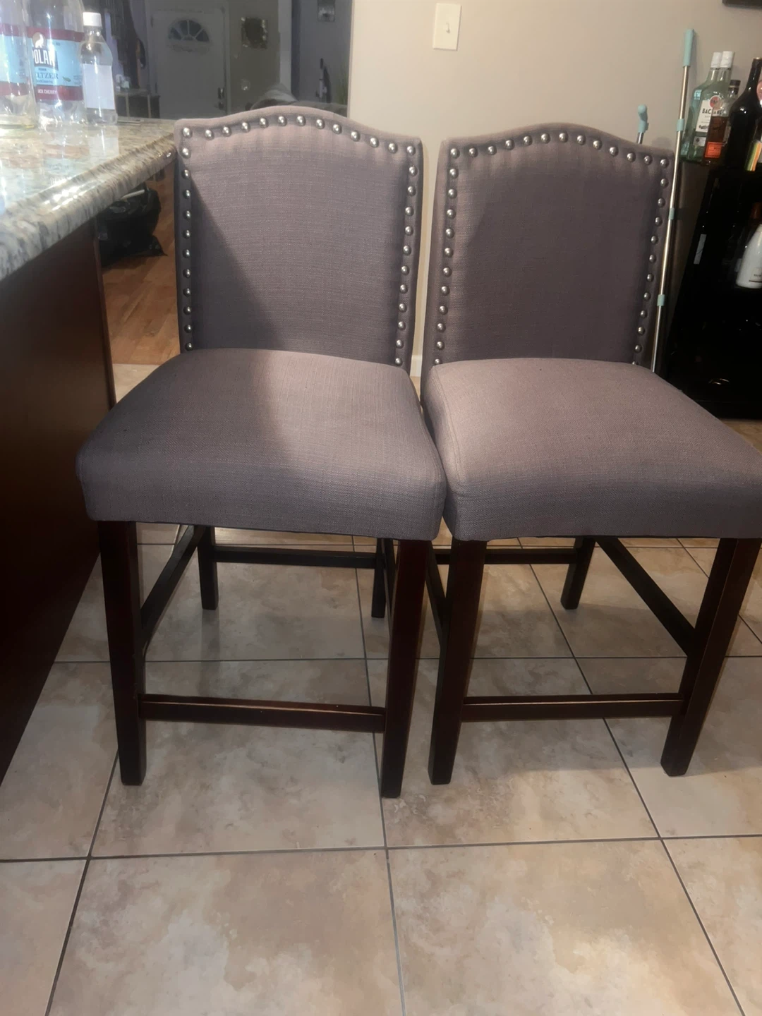 Set of 2 Gray Upholstered Counter Stools with Nailhead Trim