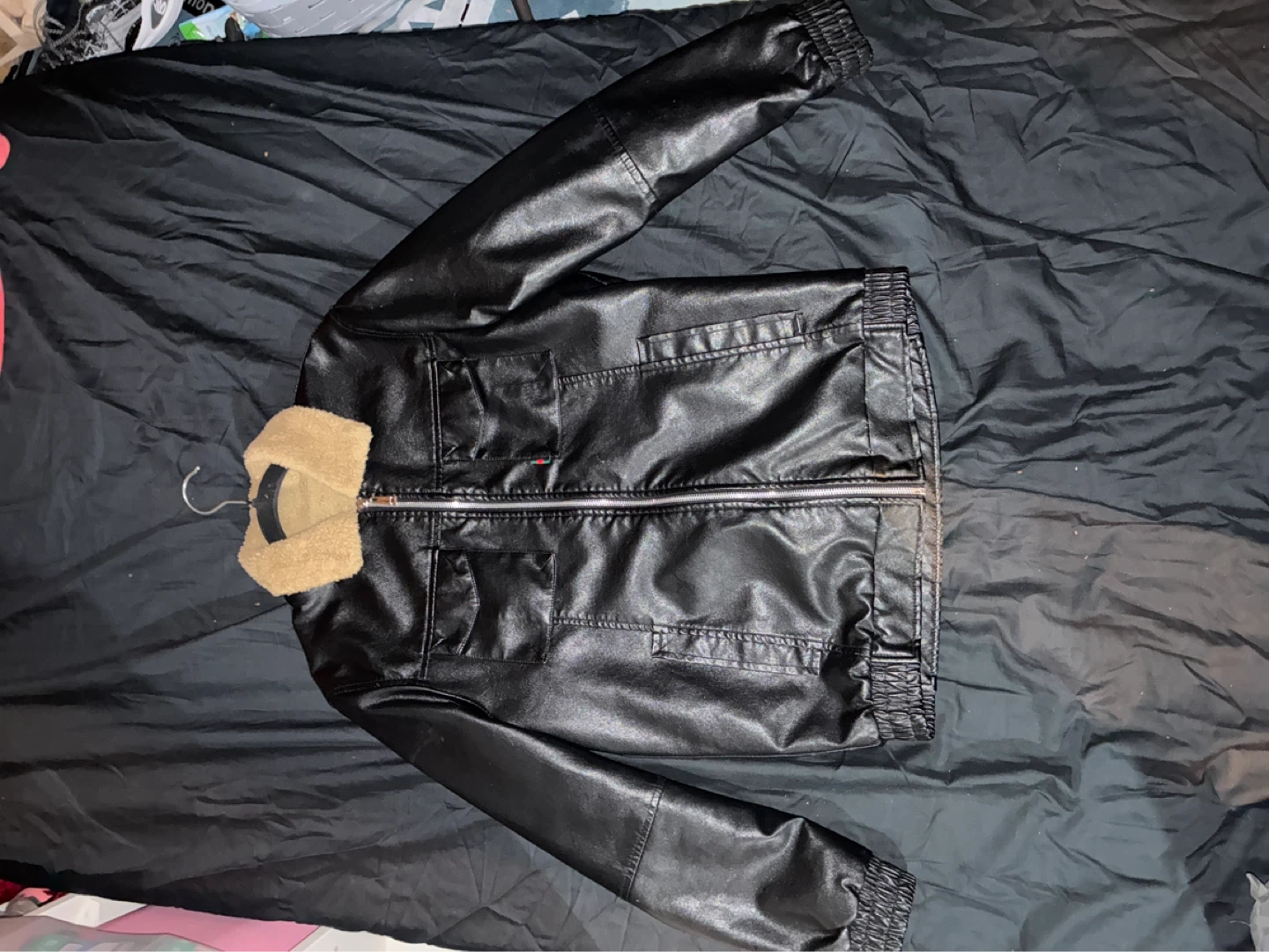 Black Faux Leather Jacket with Sherpa Collar