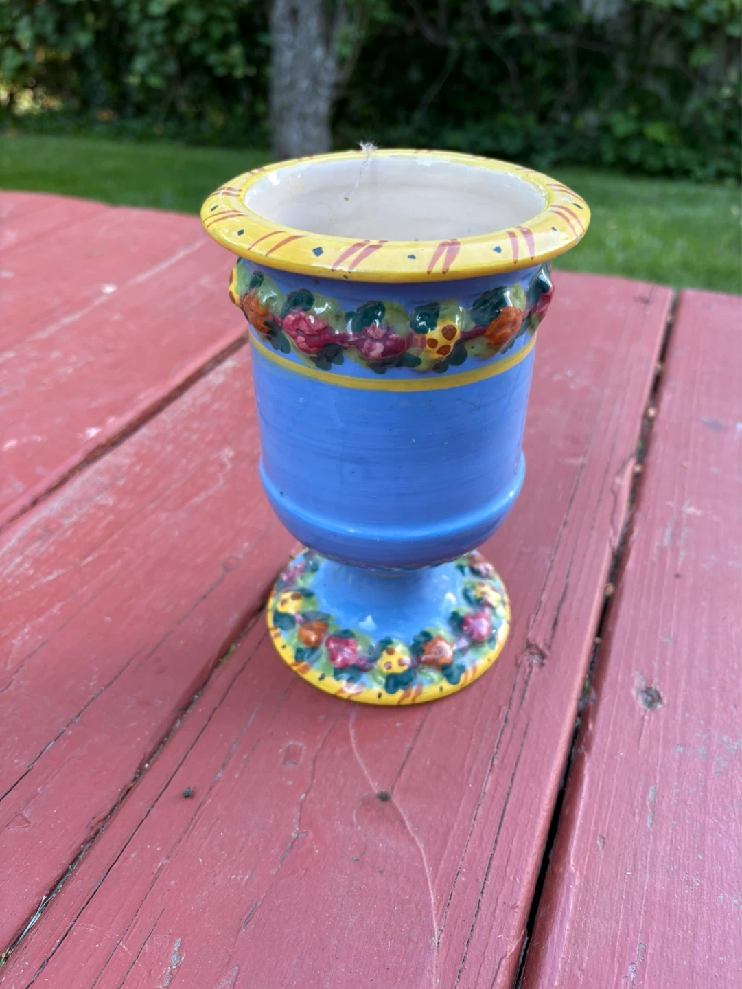 Vintage Blue and Yellow Floral Ceramic Urn