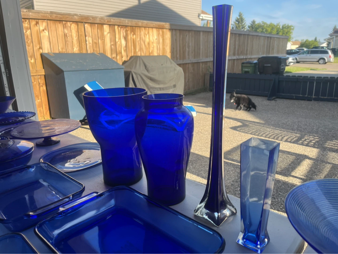 4 Blue Glass Vases