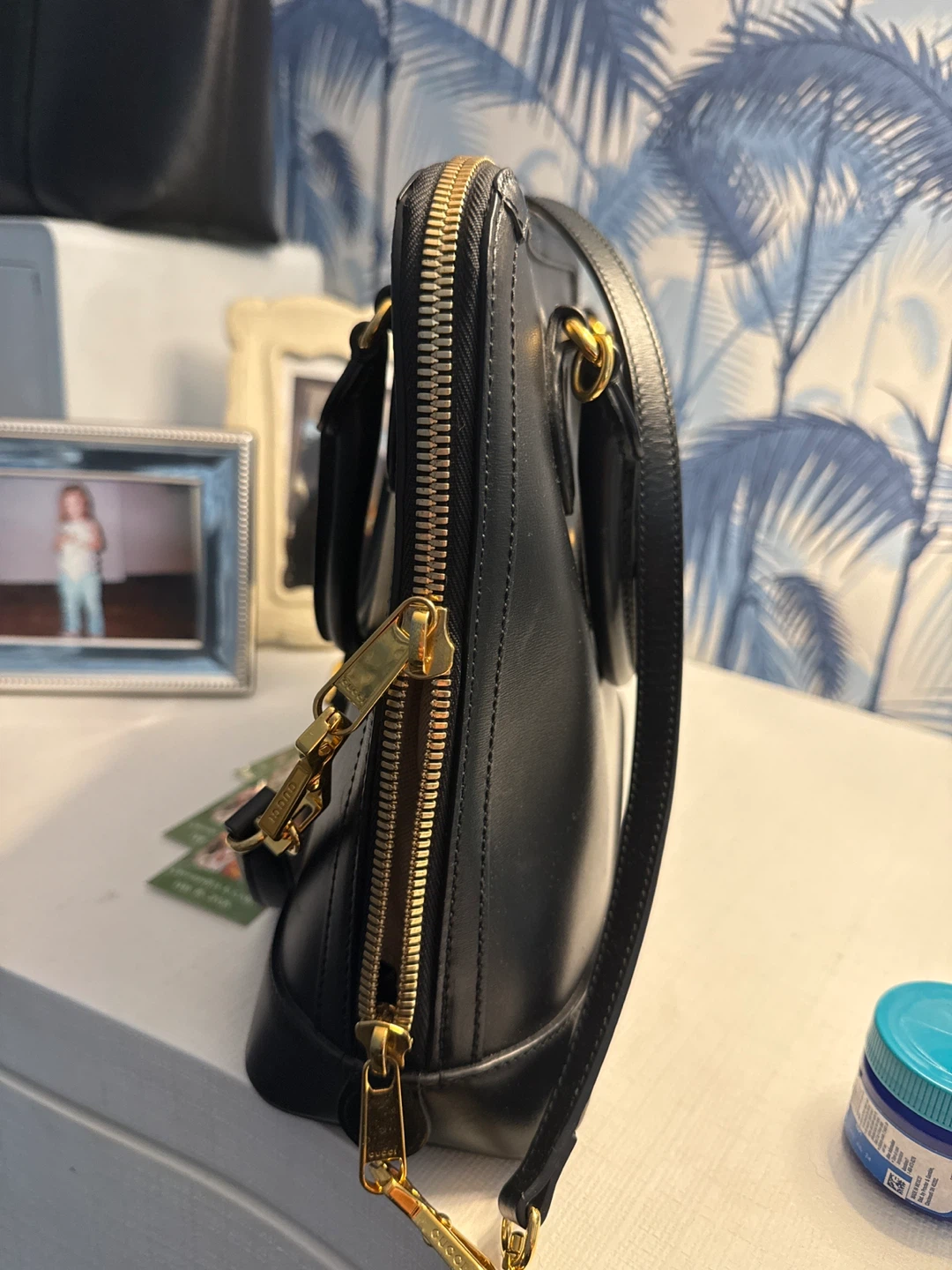 Black Leather Top Handle Bag with Gold Horsebit Detail - photo 2