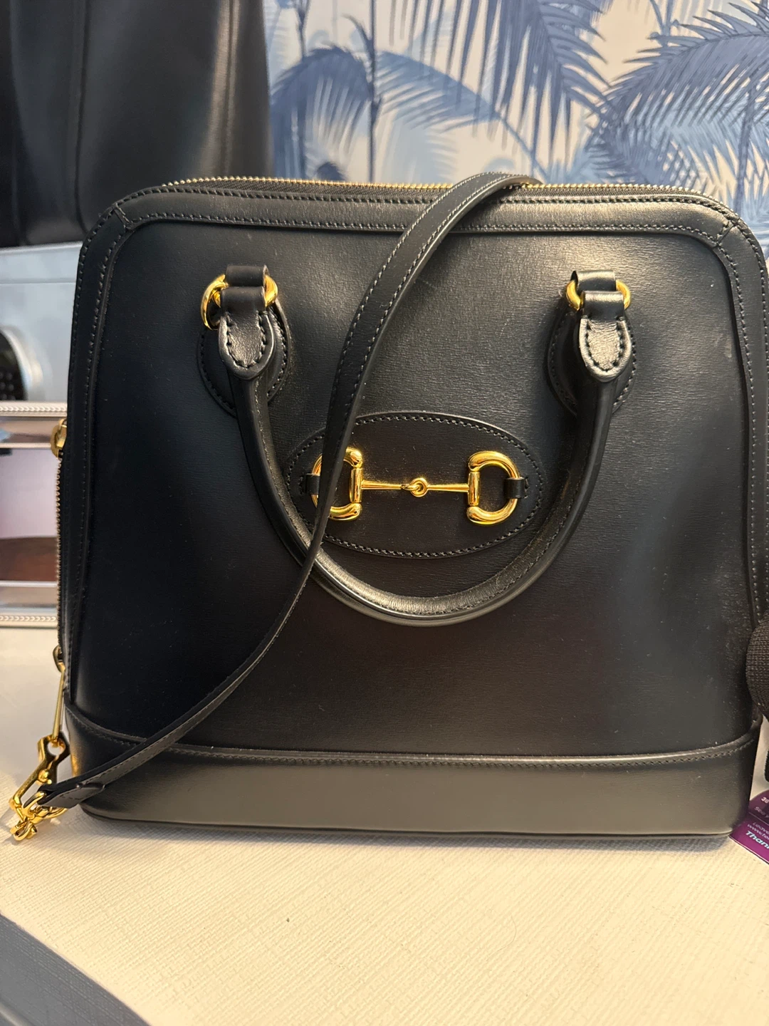 Black Leather Top Handle Bag with Gold Horsebit Detail