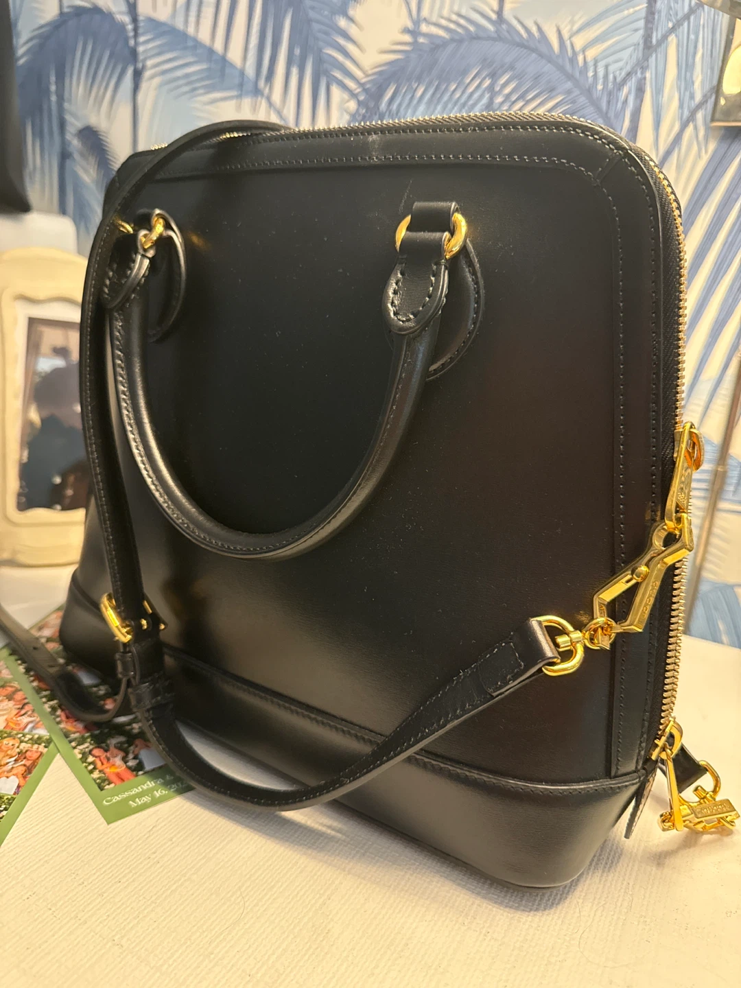 Black Leather Top Handle Bag with Gold Horsebit Detail - photo 3
