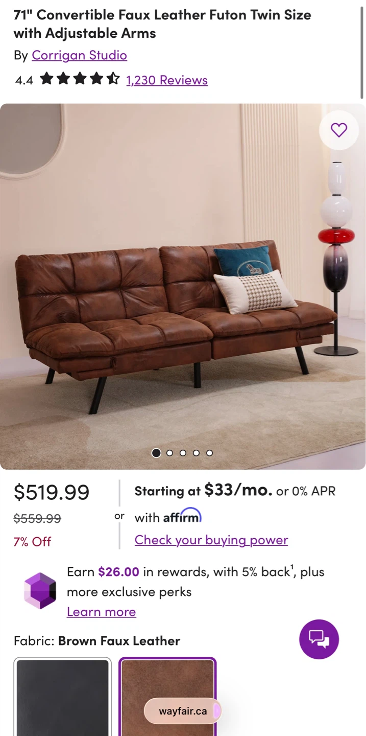 Corrigan Studio 71" Convertible Faux Leather Futon
