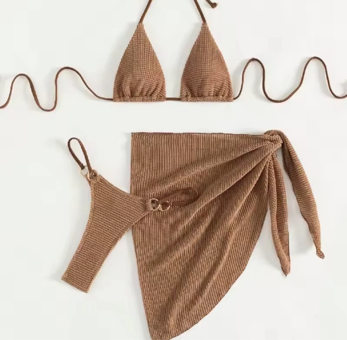 Brown Textured Bikini with Sarong