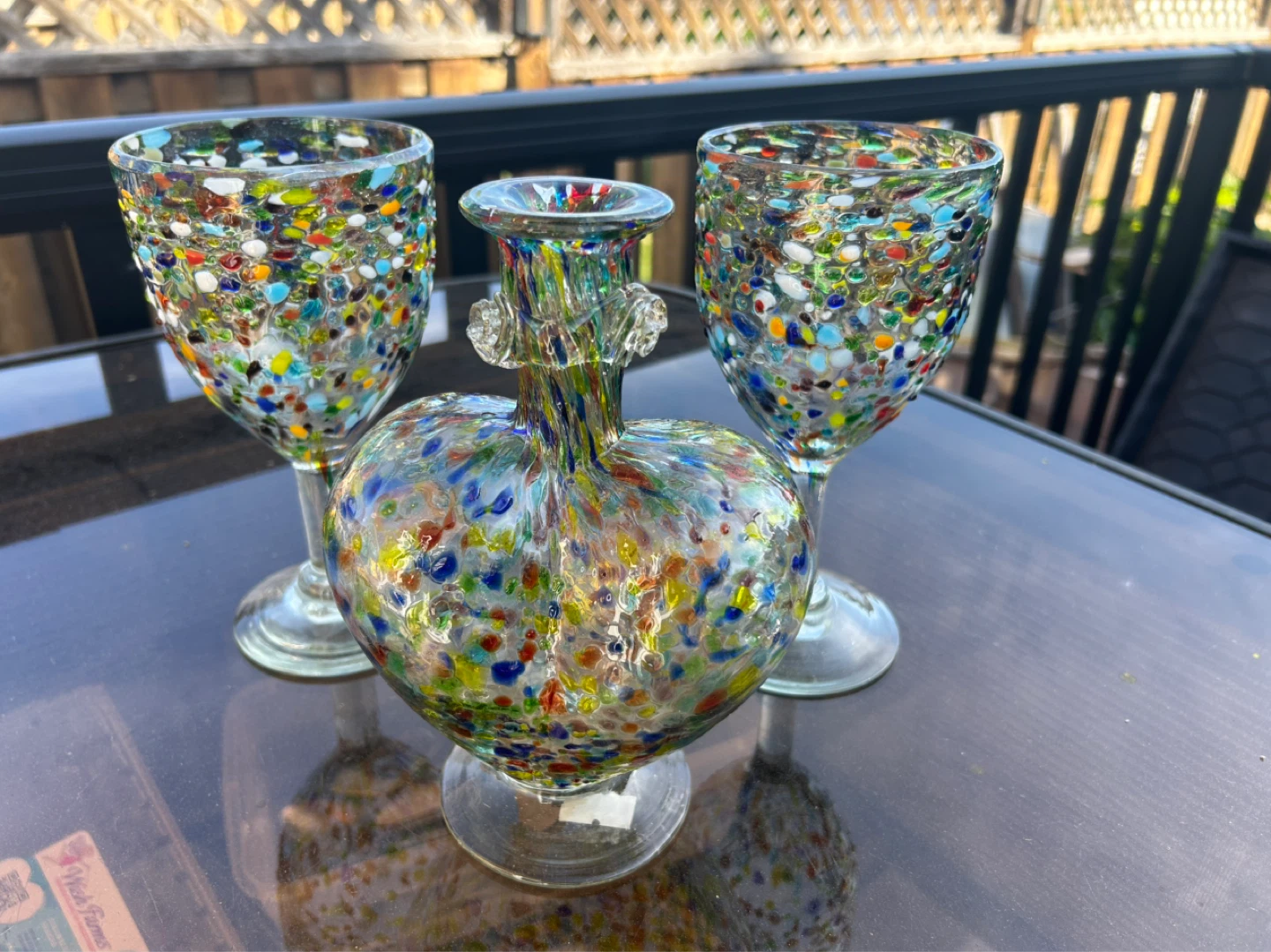 Murano Style Art Glass Vase and Wine Glasses Set