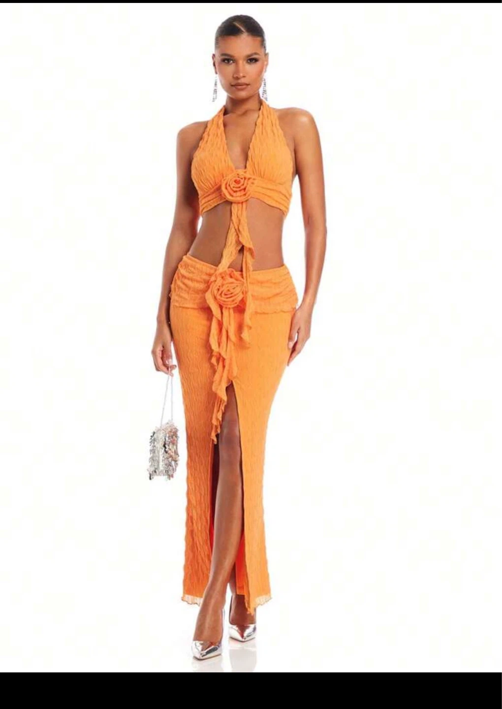 Orange Halter Neck 2 piece set with Rose Detail