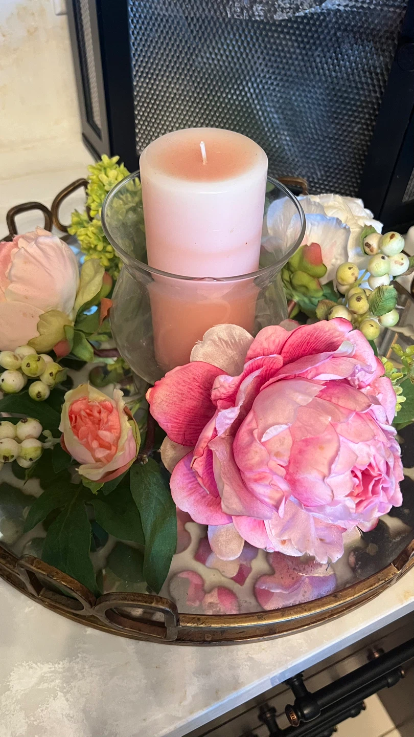 Candle with Floral Arrangement with decorative tray