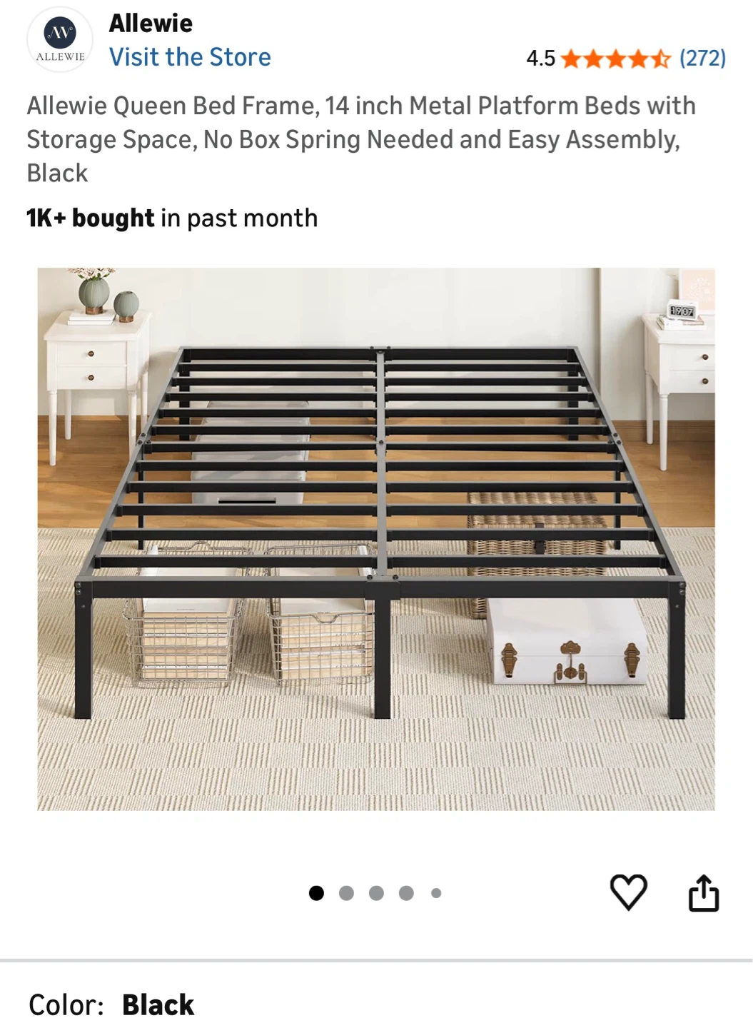 Allewie Queen Bed Frame - 14 inch Metal Platform, Black