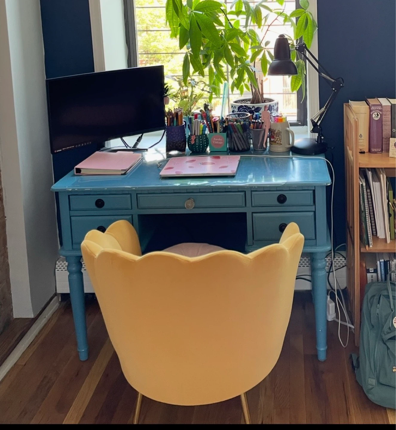 Vintage Blue Writing Desk with Drawers - photo 2