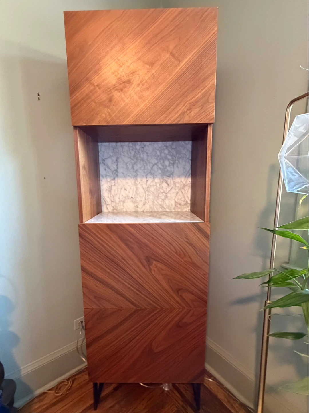 Walnut Modern Bar Cabinet with Marble Backsplash