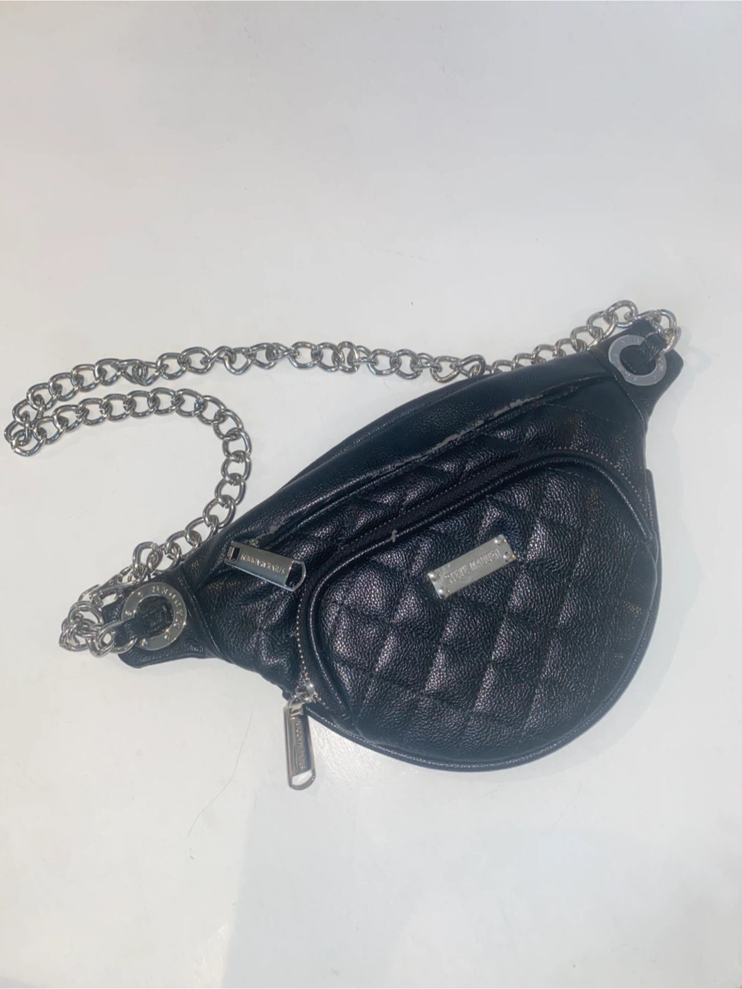 Steve Madden Black Quilted Fanny Pack with Chain