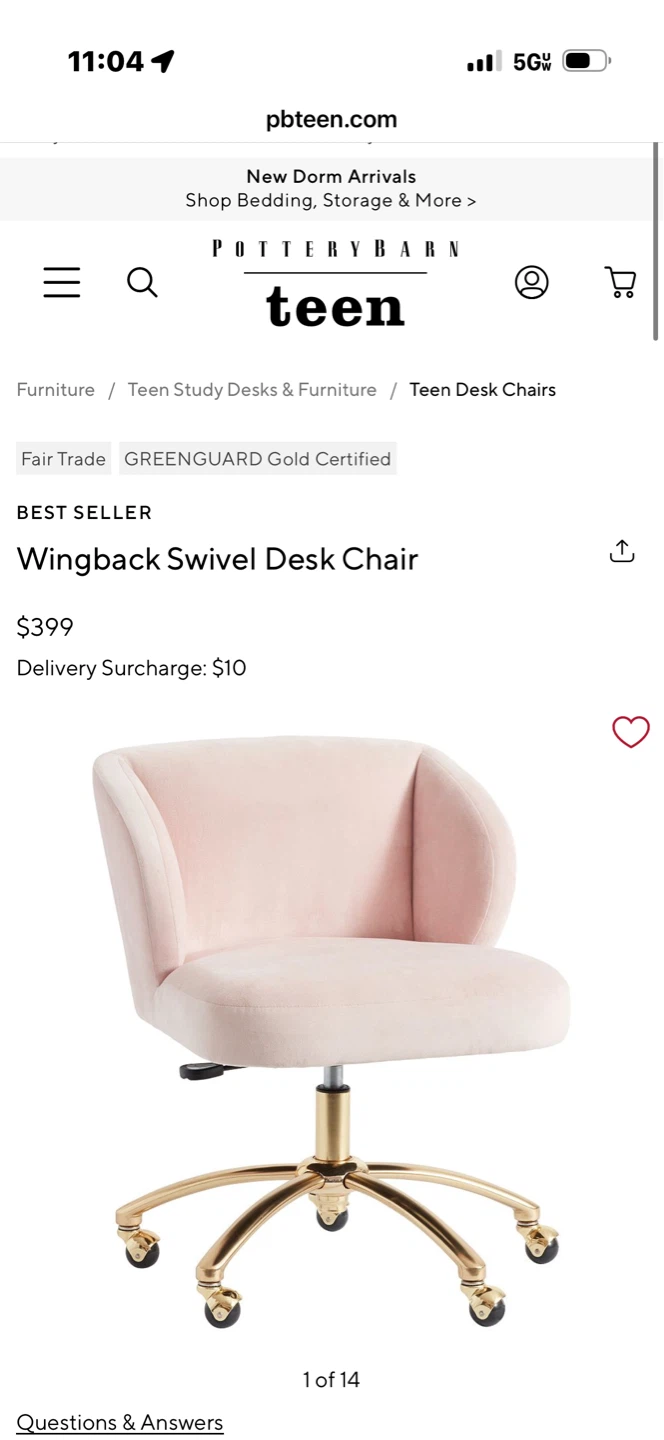 Pottery Barn Teen Wingback Swivel Desk Chair - Pink Velvet - photo 3