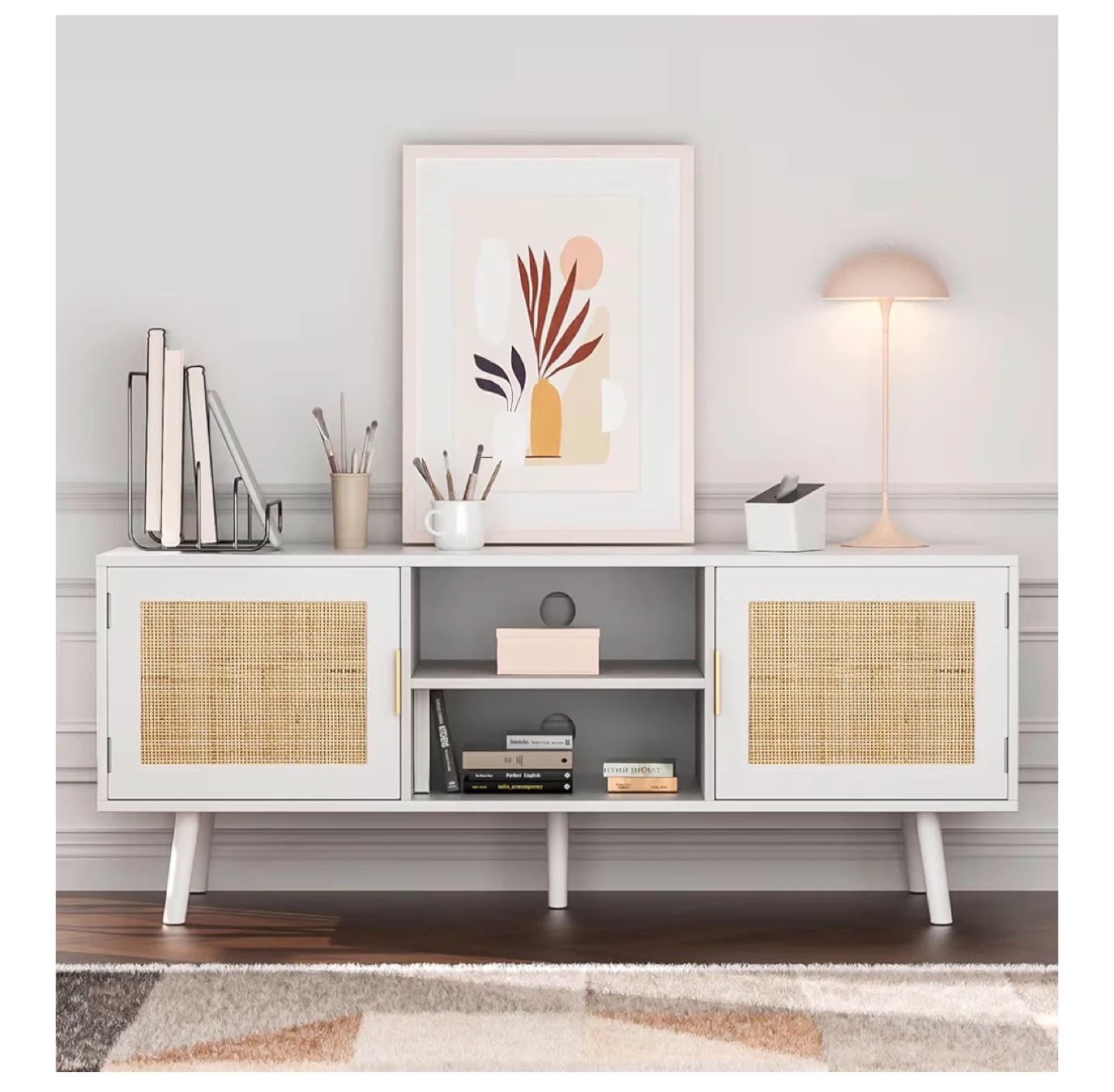 White TV Stand with Rattan Doors