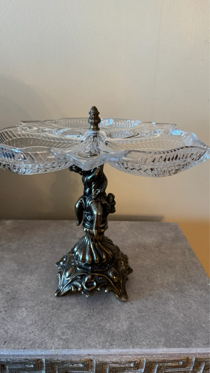 Vintage Glass and Brass Cherub Candy Dish