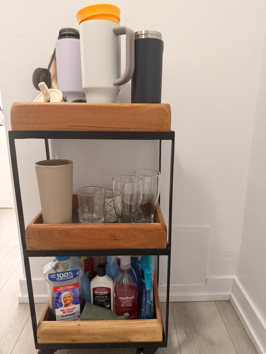 3-Tier Wood and Metal Rolling Utility Cart