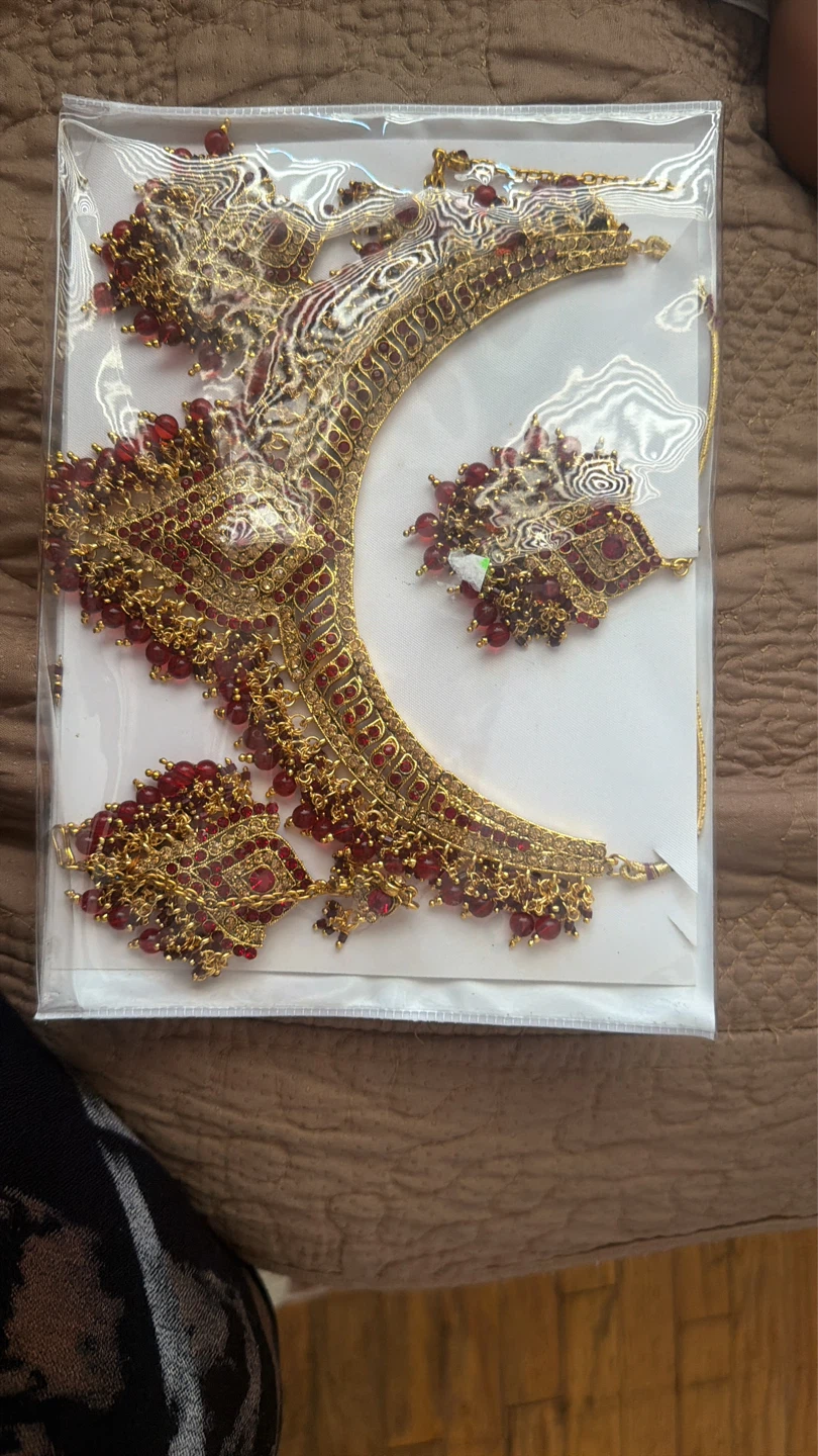 Gold Necklace and Earring Set with Red Beads