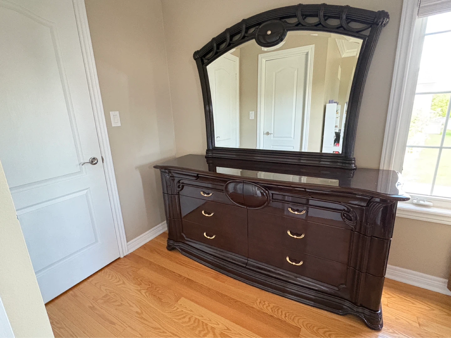 Dark Wood Dresser with Mirror and Two Nightstands