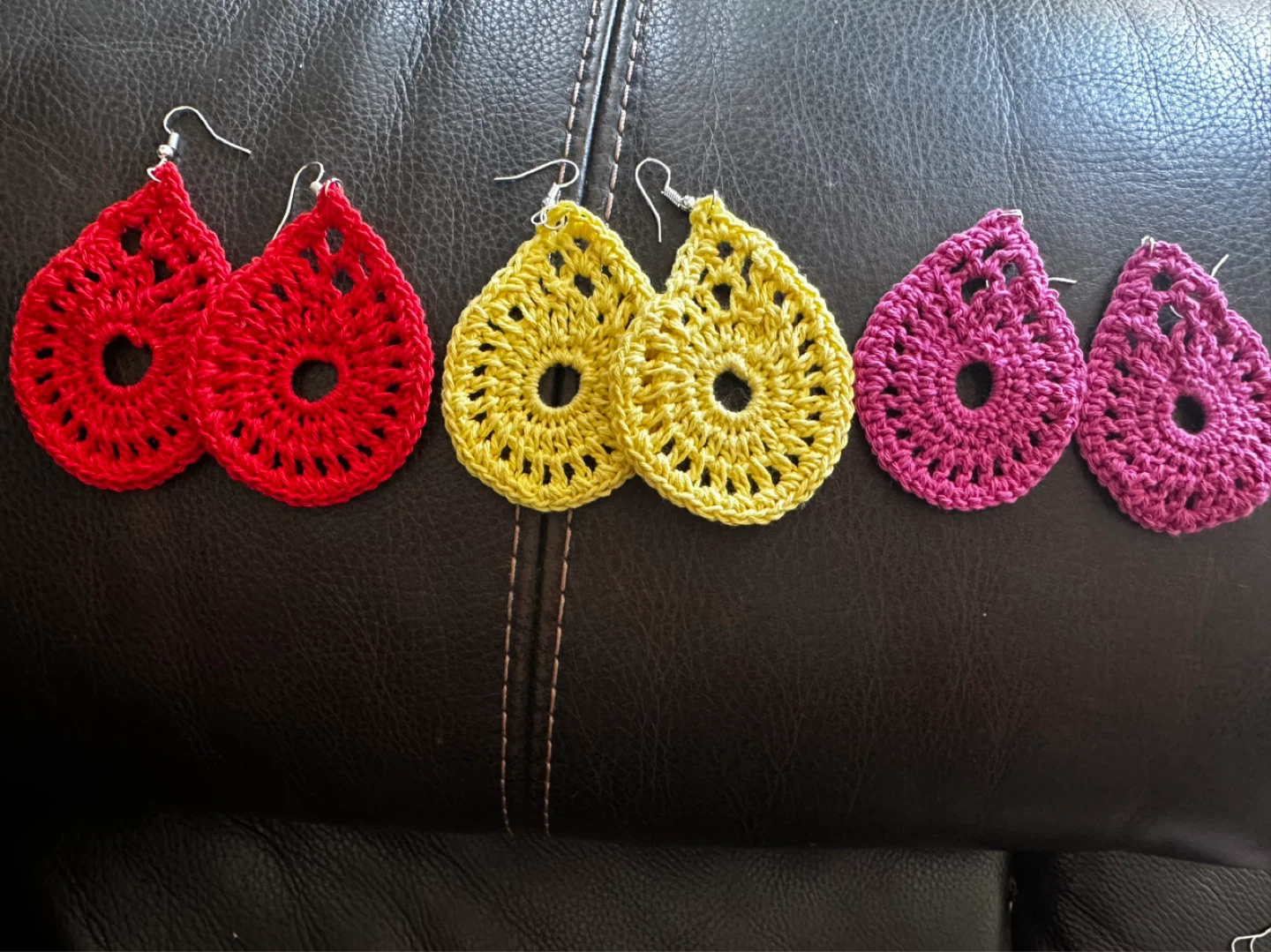 3Handmade Crochet Earrings - Red, Yellow, and Pink