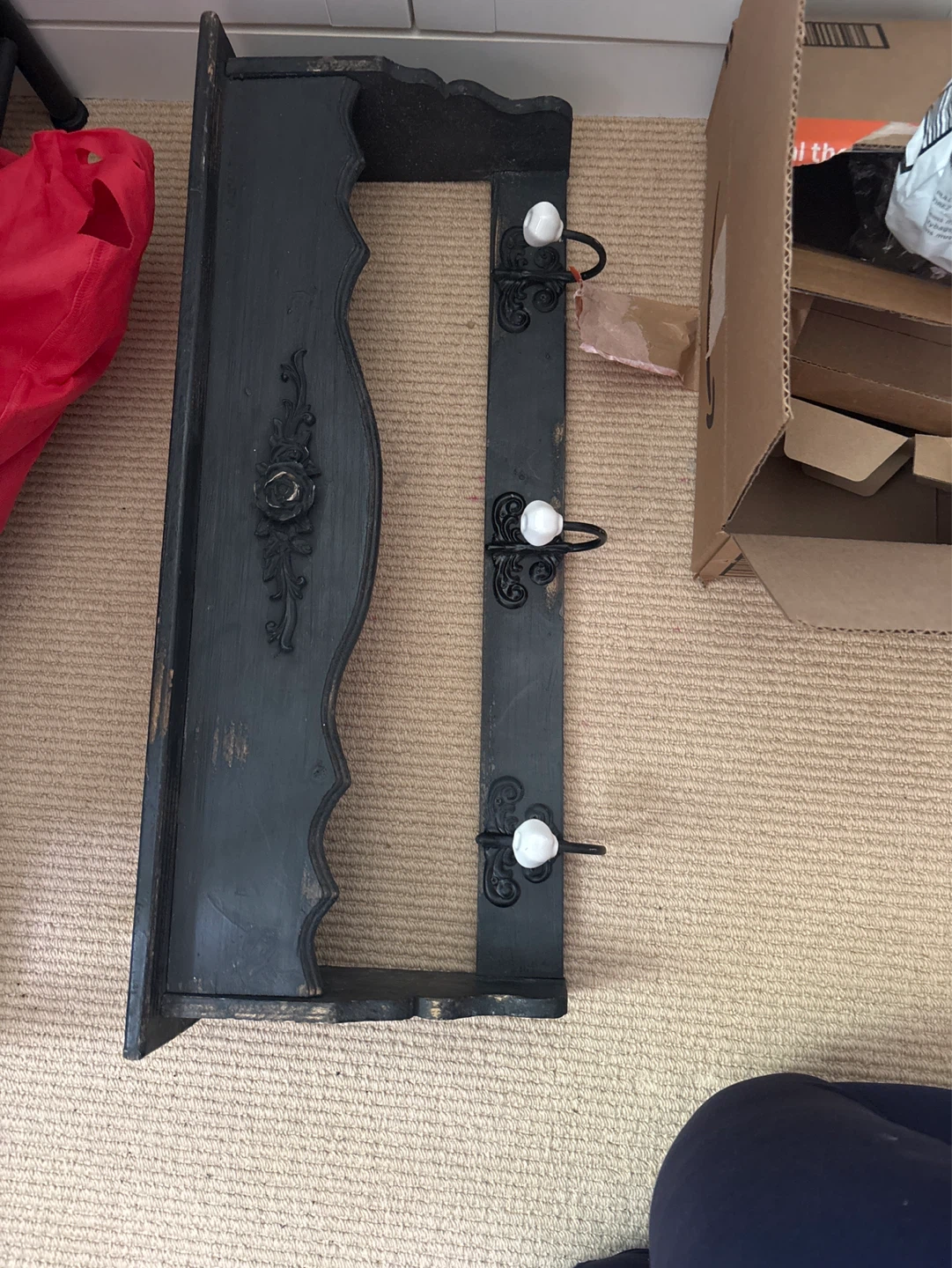 Black Wall Shelf with Hooks