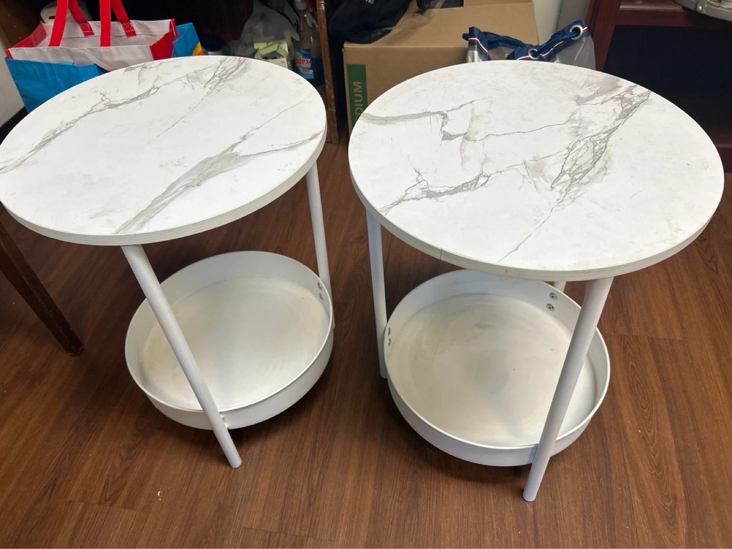 Set of 2 Round Marble Top Side Tables with Storage