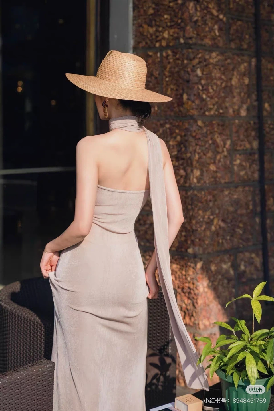 Beige Ruched Halter Maxi Dress