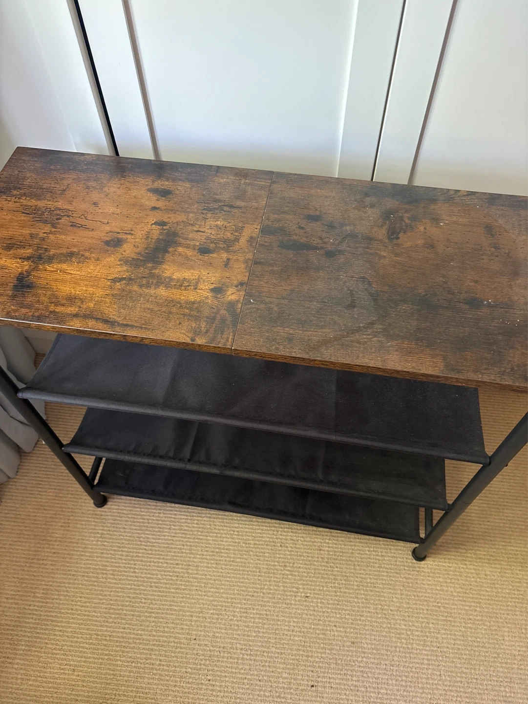 Rustic Wood and Black Metal Shoe Rack