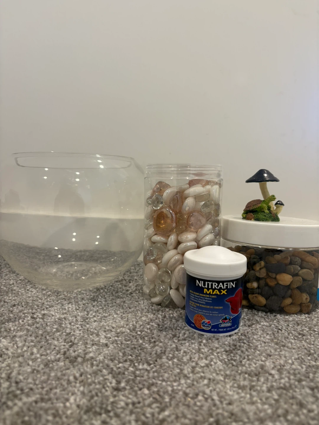 Fish essentials - bowl, stones, turtle decor & Betta fish food