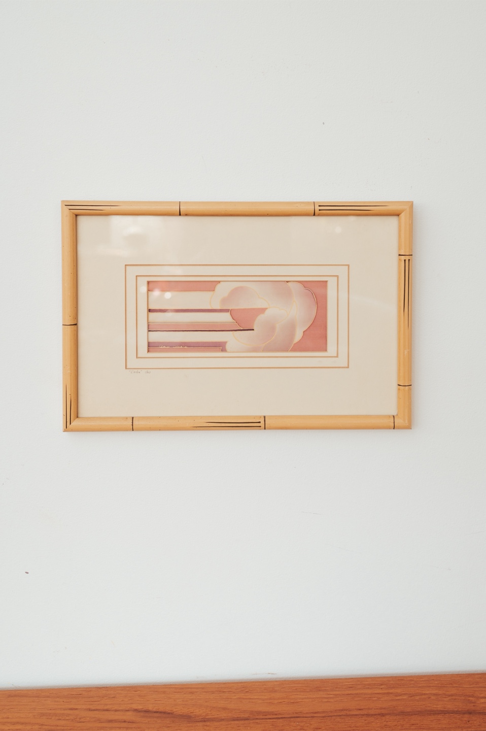 Vintage Pastel Art Deco Style Serigraph in Bamboo Frame