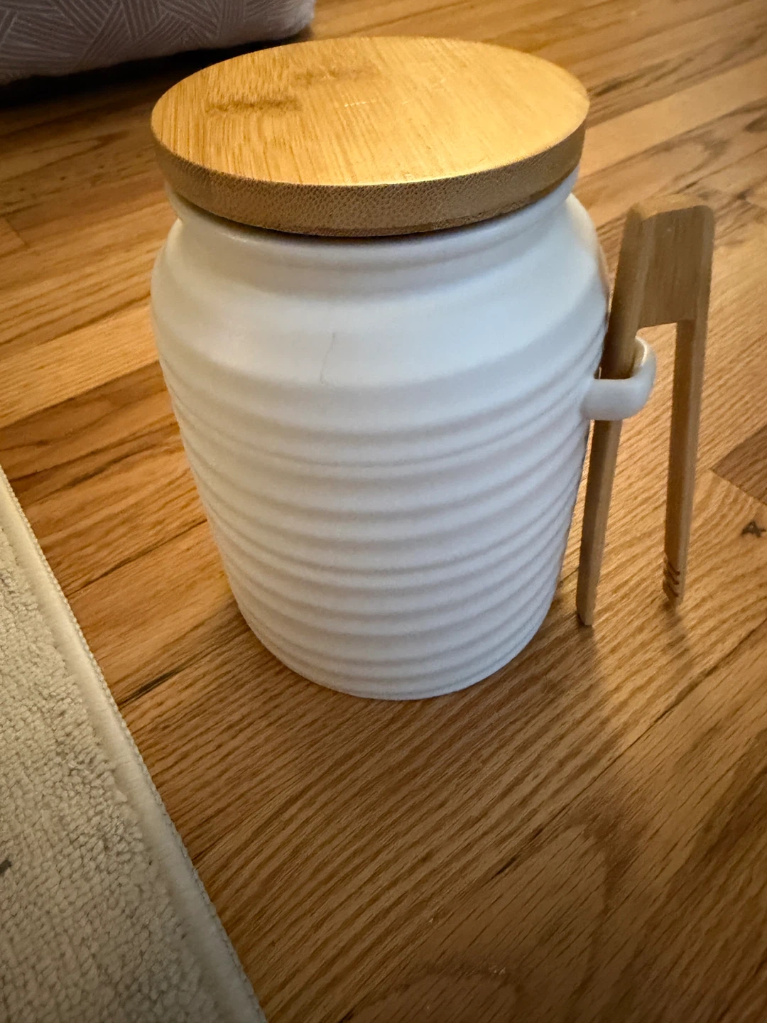 White Ceramic Canister with Bamboo Lid and Tongs