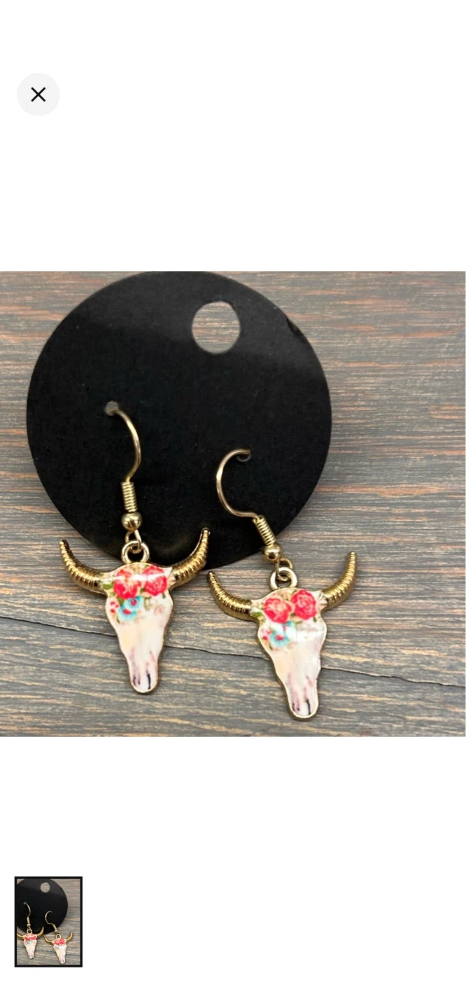 Bull Skull Necklace & Earrings Set with Flowers
