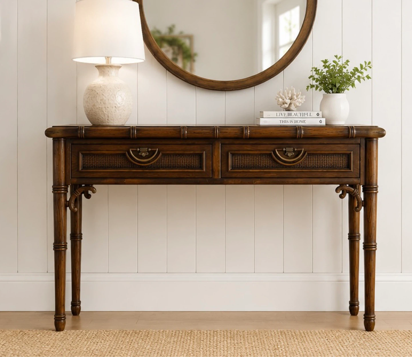 Vintage Mid-Century Faux Bamboo Console Table / Writing Desk
