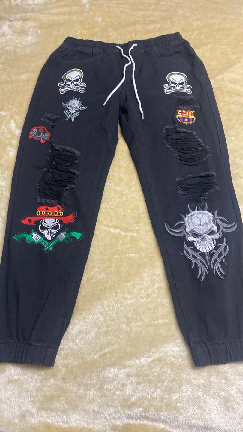 Distressed Multi-Patch Skull Sweatpants Black Streetwear Joggers