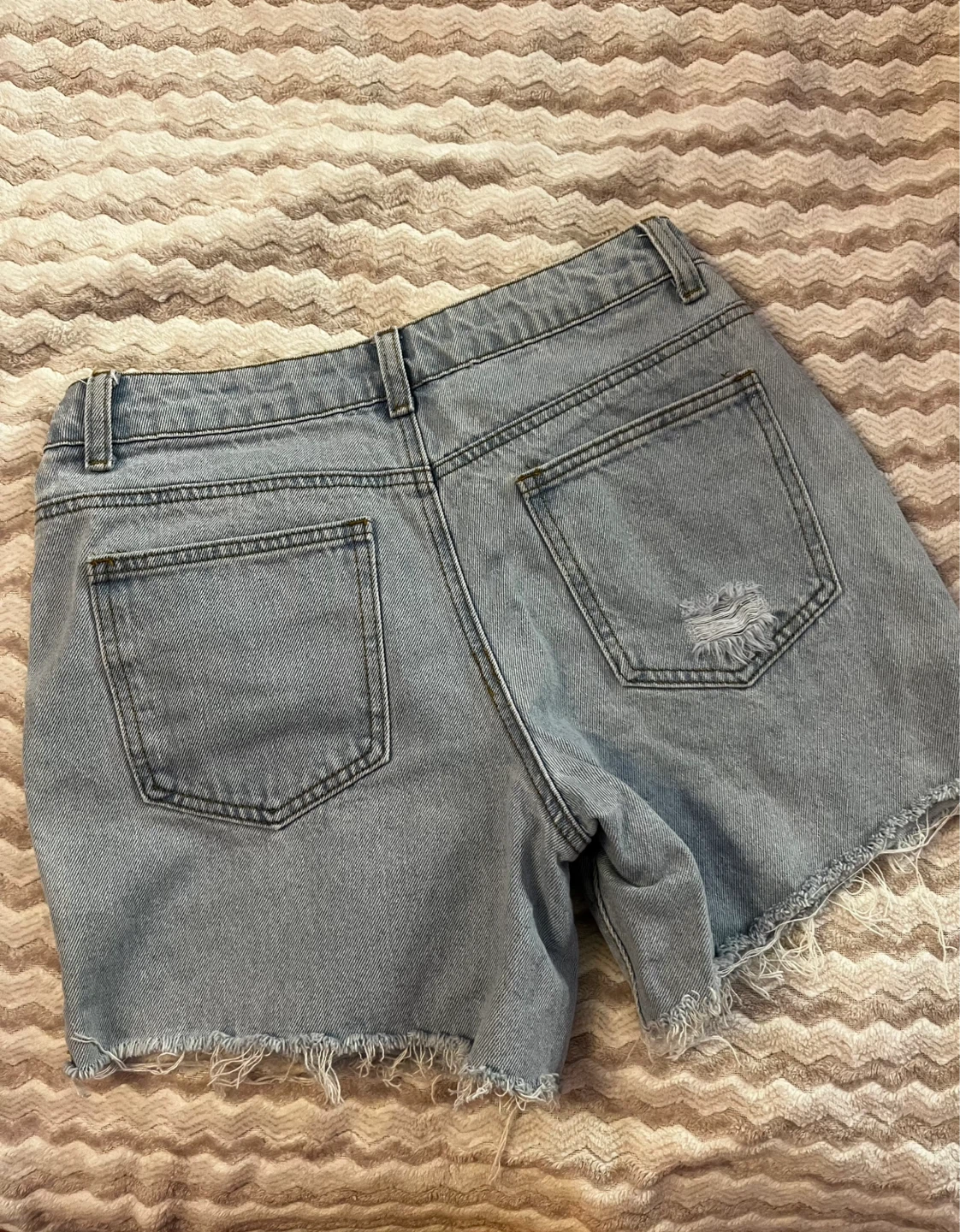 Light Wash Denim Shorts with Ripped Detail - photo 2