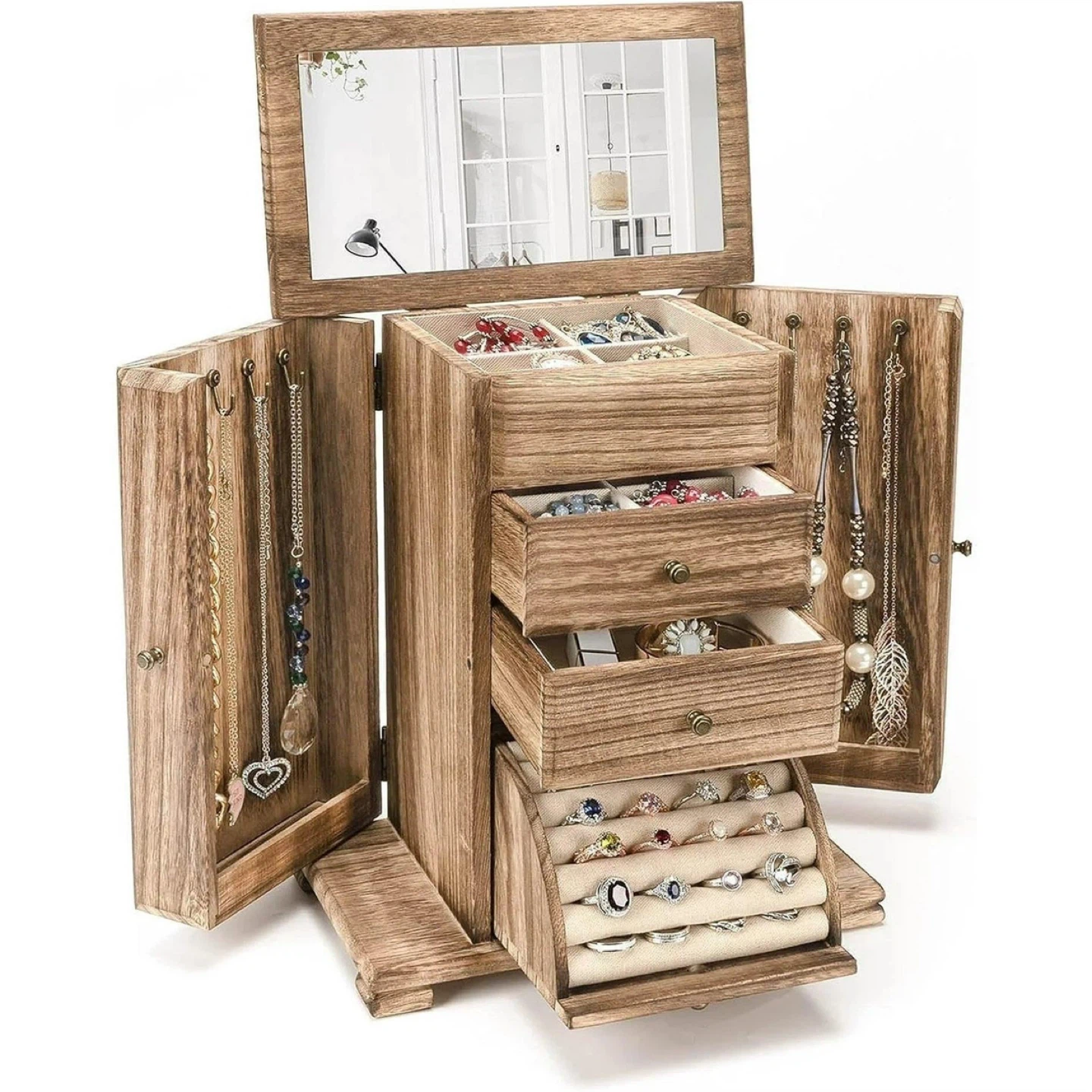 Wooden Jewelry Box Organizer with Mirror