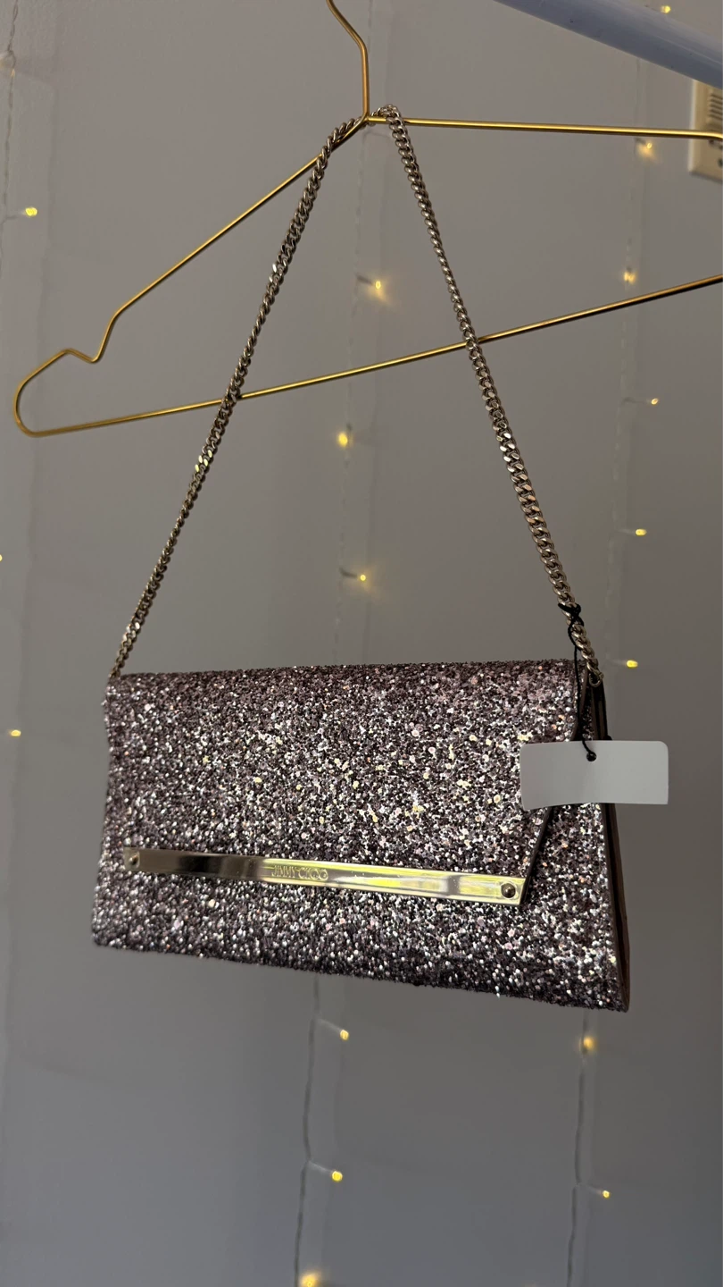 Jimmy Choo Margot Chain Clutch–Tea Rose Glitter | BNIB