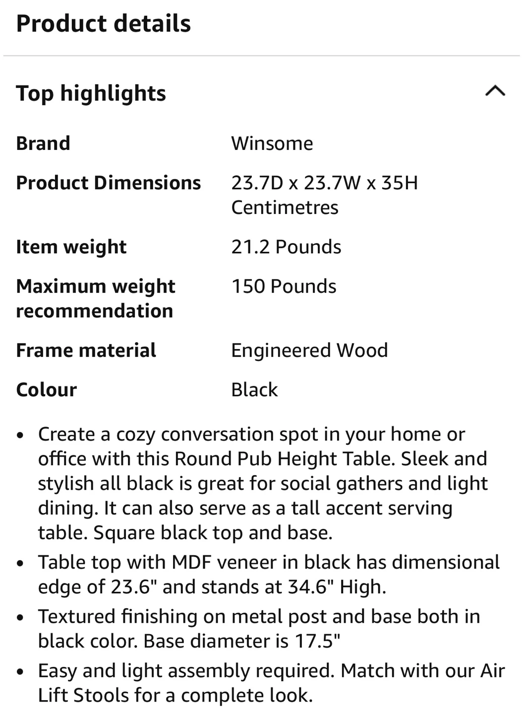Winsome Wood Obsidian High Table Square Black - photo 2