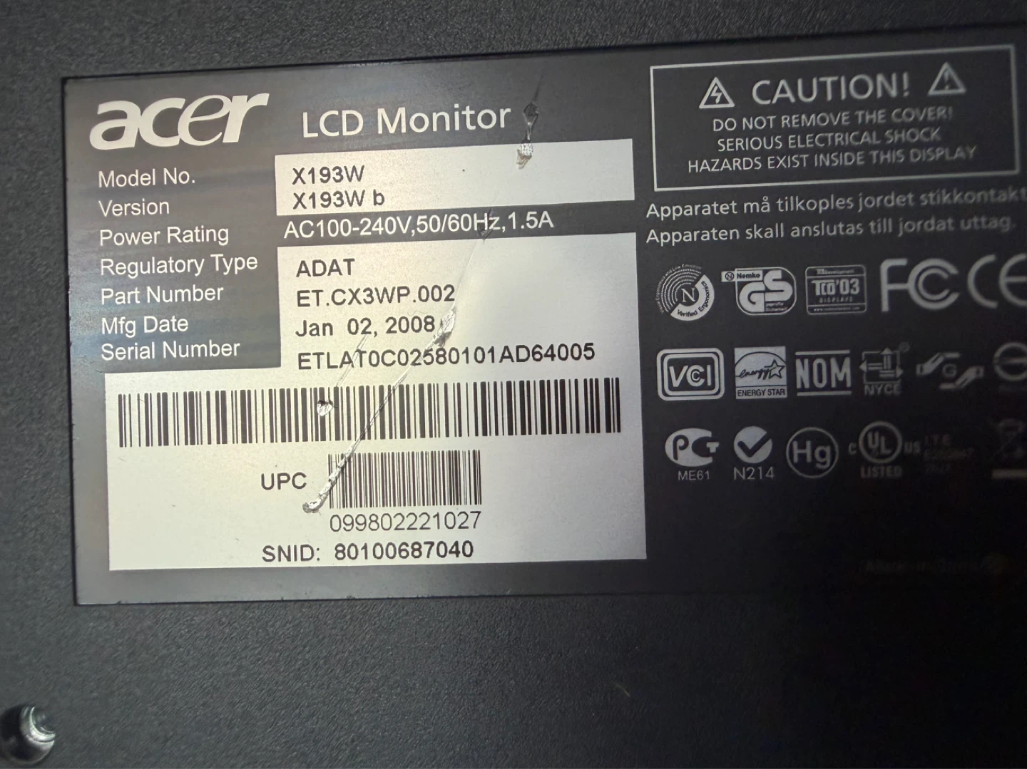 Acer X193W LCD Monitor- with 2 capale - photo 2