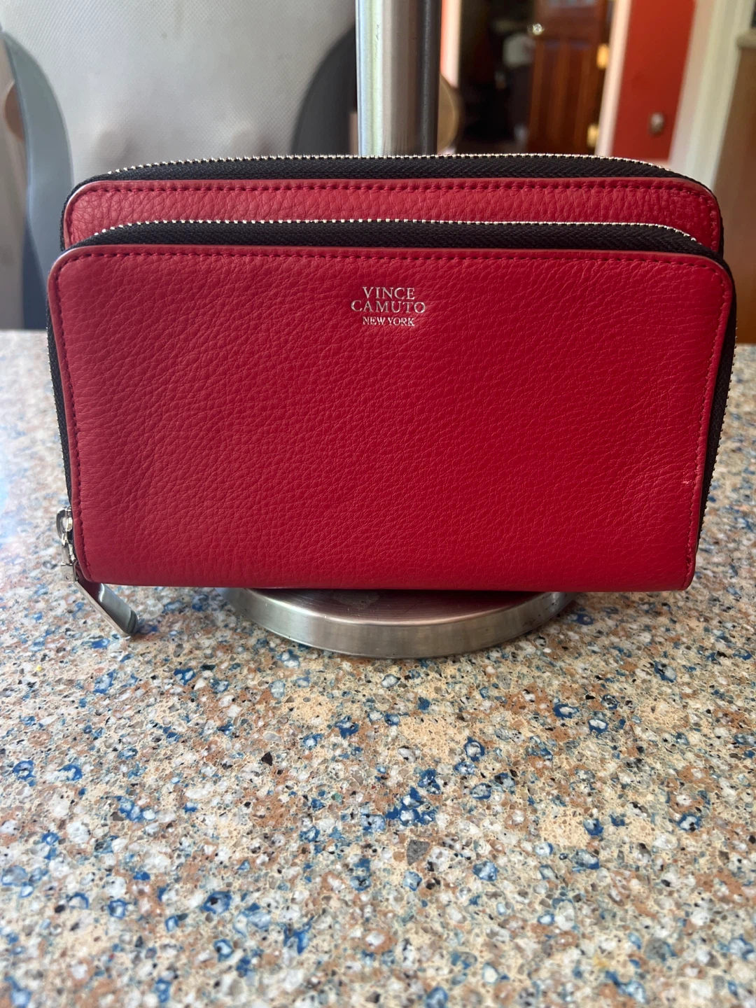 Vince Camuto Red Leather Double Zip Wallet Wristlet