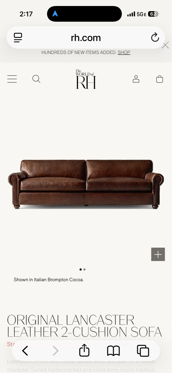 Restoration Hardware Original Lancaster 2-Cushion Leather Sofa