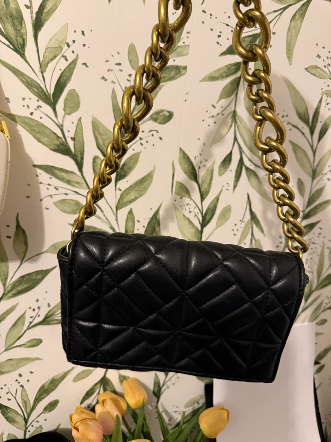 Black Quilted Handbag with Gold Chain