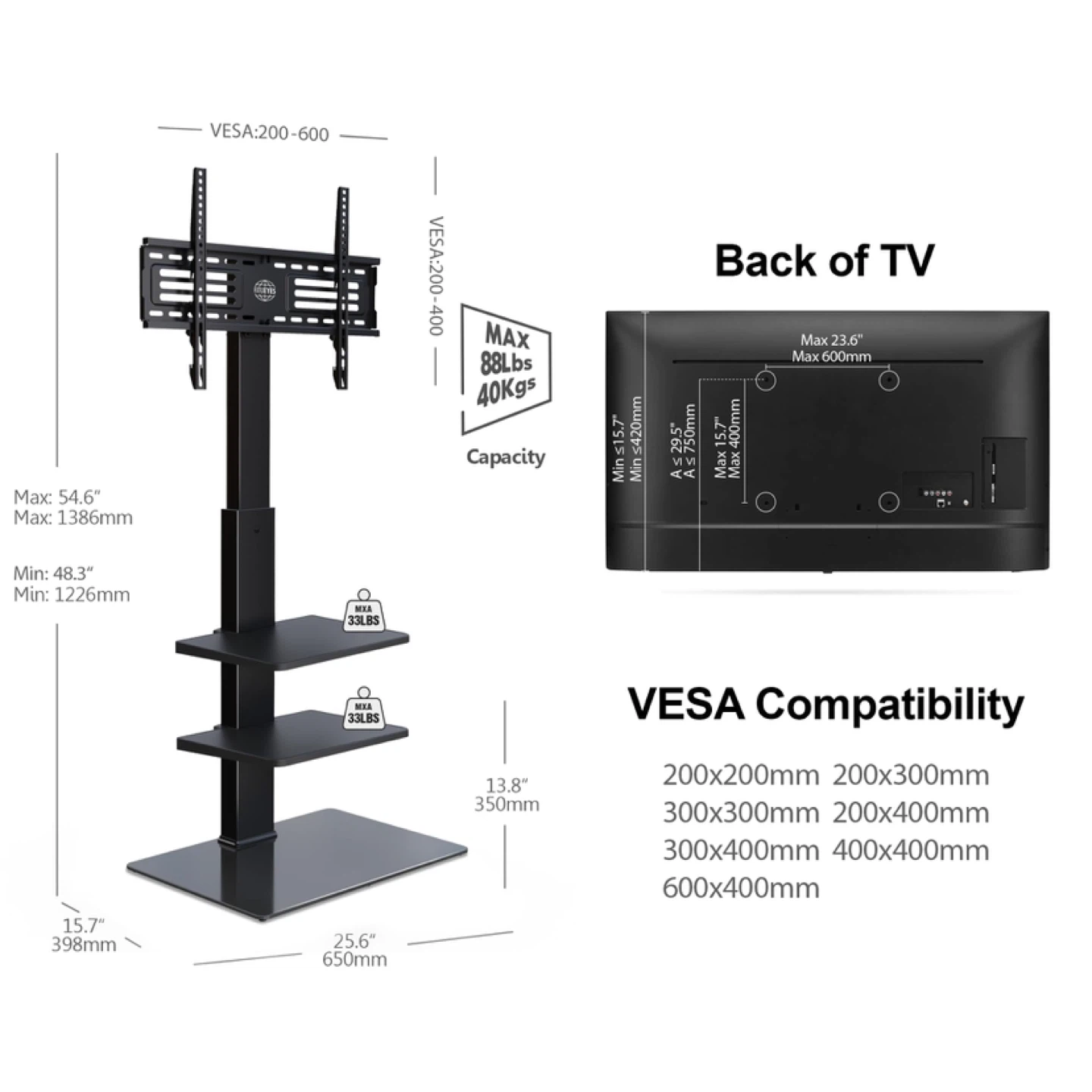 FITUEYES TV Stand for 32-70'' TVs up to 88 lbs - photo 2