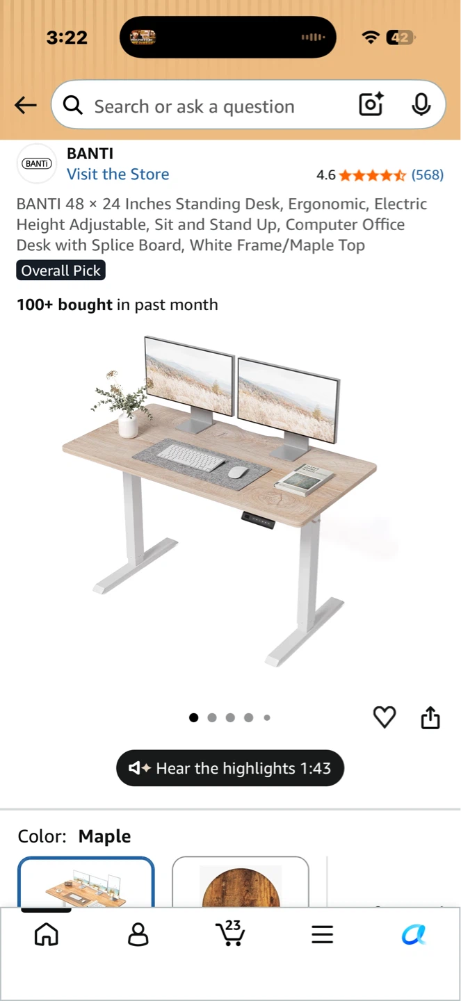 BANTI 48 Inches Height Adjustable Desk, Maple Top