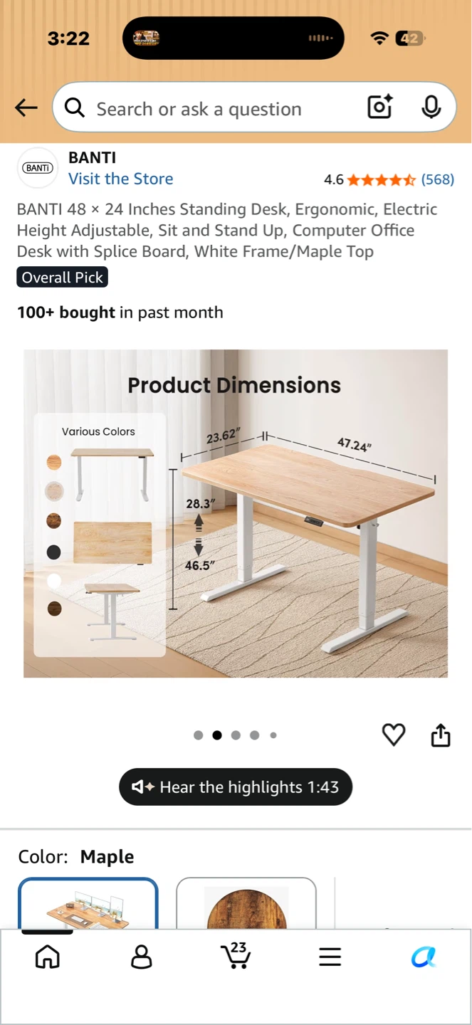 BANTI 48 Inches Height Adjustable Desk, Maple Top - photo 3