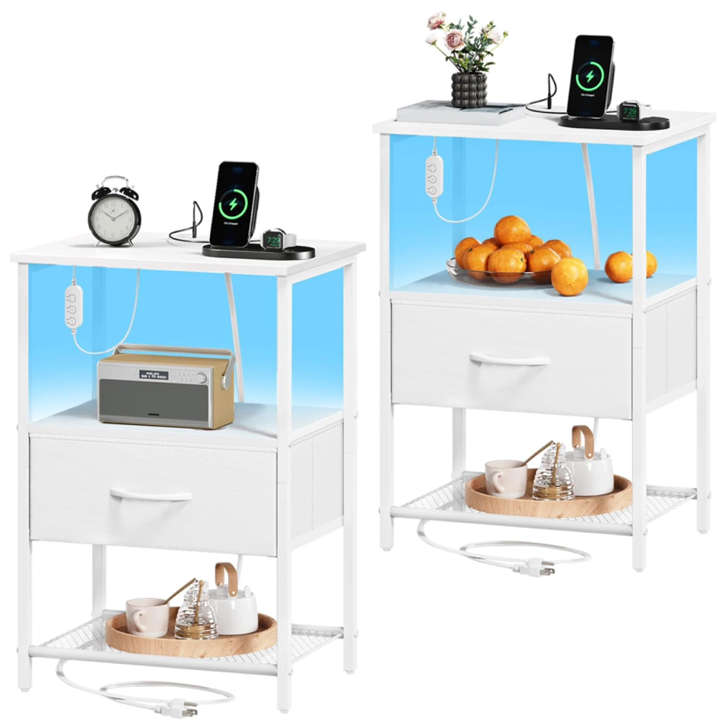 Somdot White Nightstand Set of 2 with Charging Station