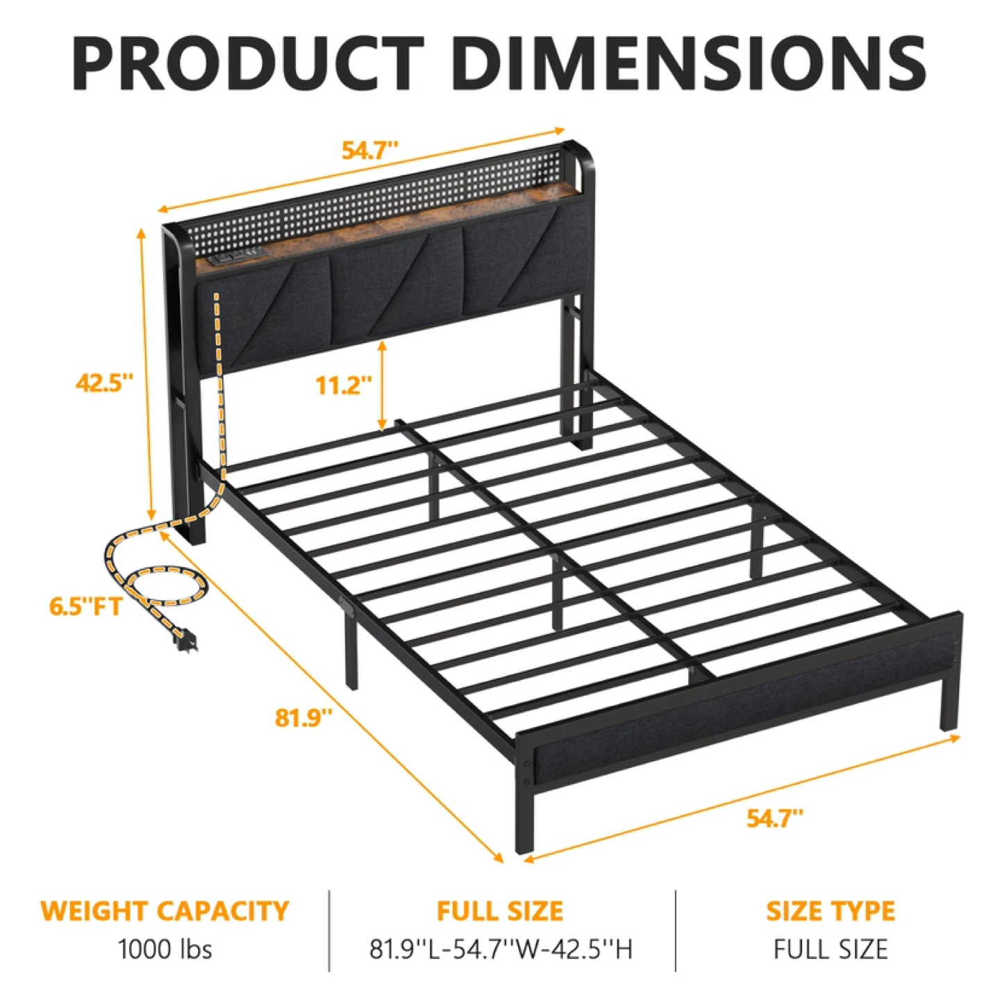 Furnulem Full Size Bed Frame with Headboard and Storage Shelf - photo 2