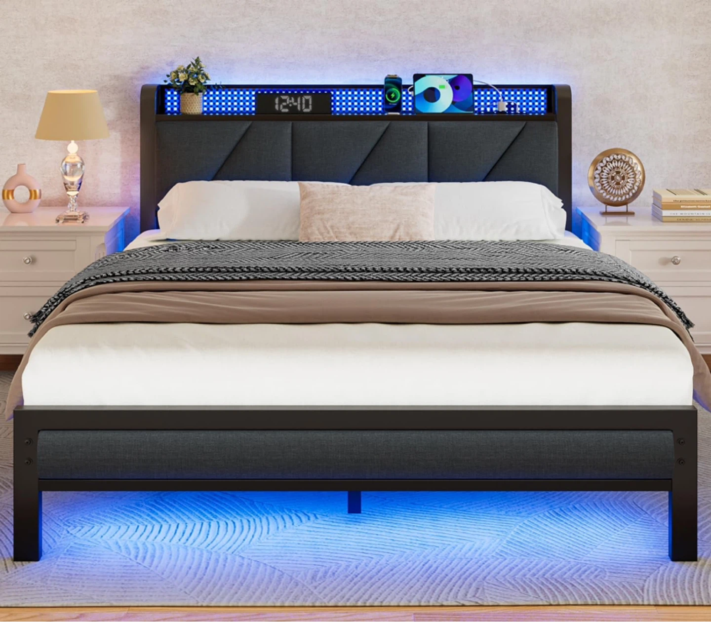 Furnulem Full Size Bed Frame with Headboard and Storage Shelf