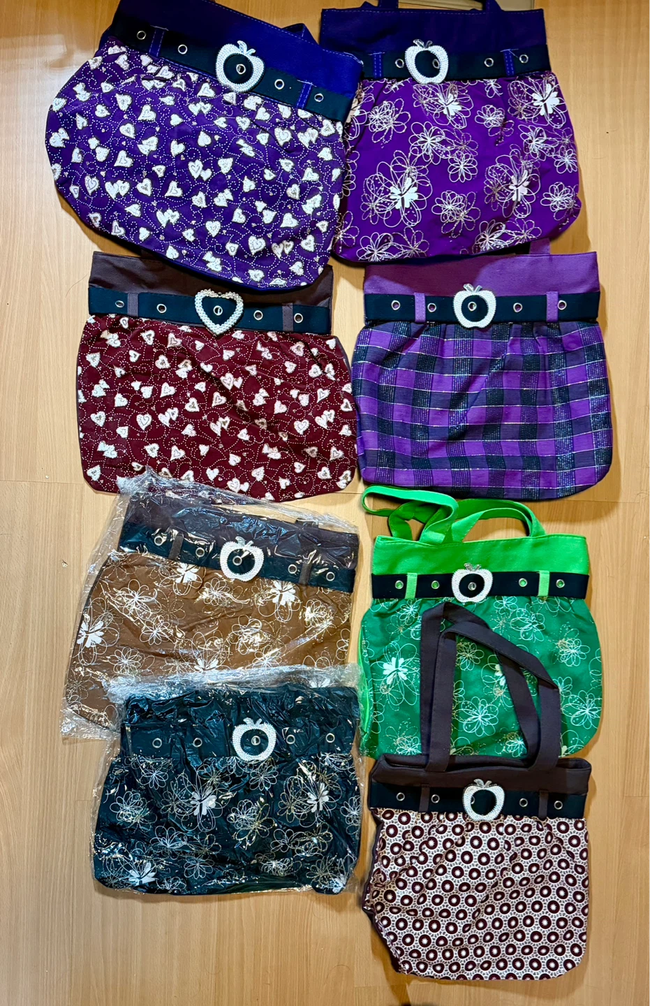 Lot of 8 Assorted Pattern Handbags with Apple Embellishments