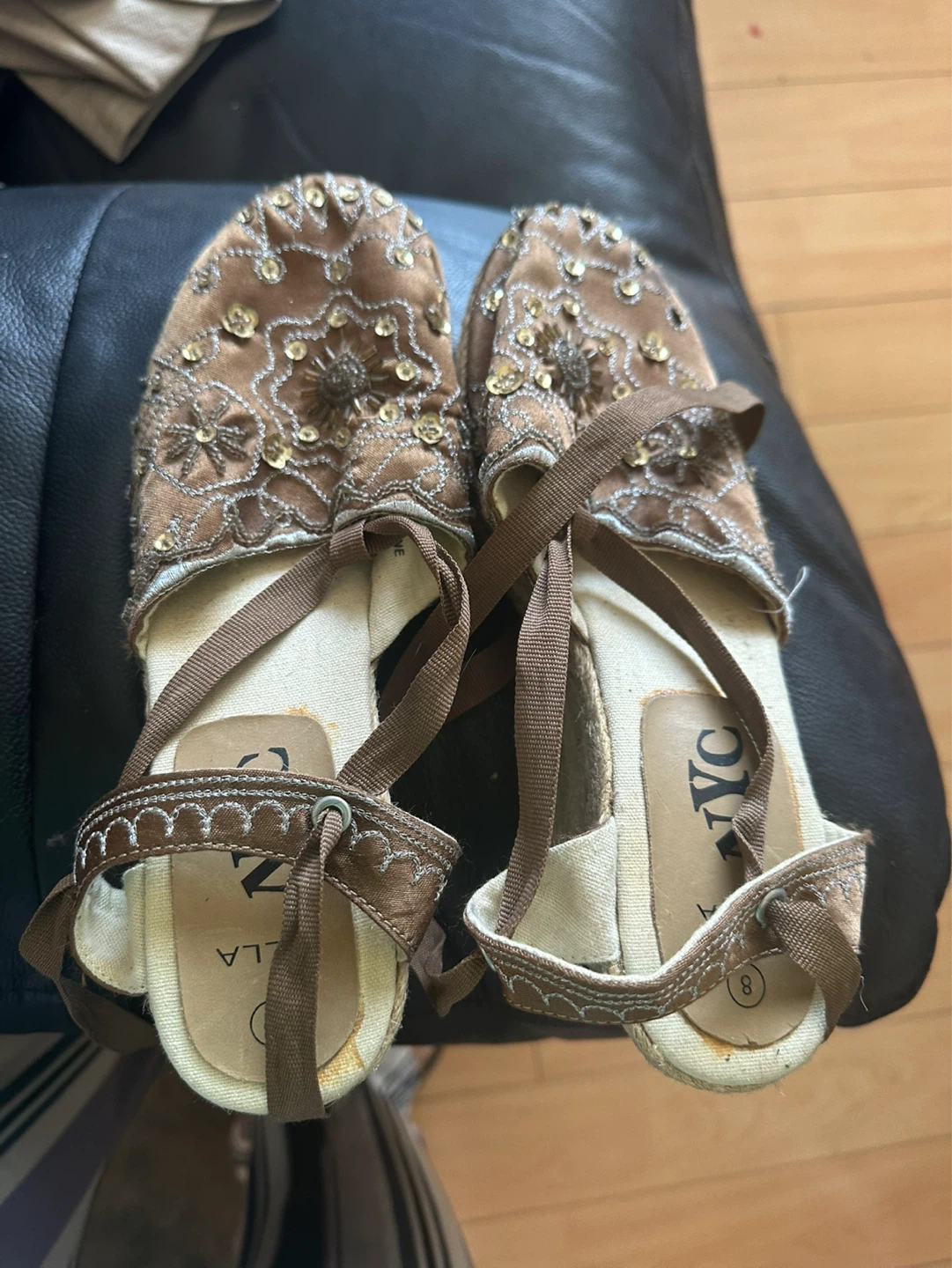 Brown Embellished Espadrille Flats Size 8